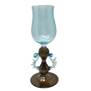 Murano Style Goblet Art Glass Signed Venetian Blue Amber Brown Hand Blown